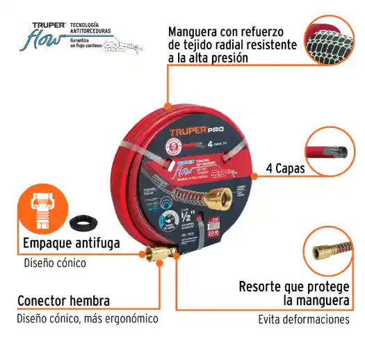 Manguera De 1/2" Super Reforzada Con 4 Capas De 20 Metros