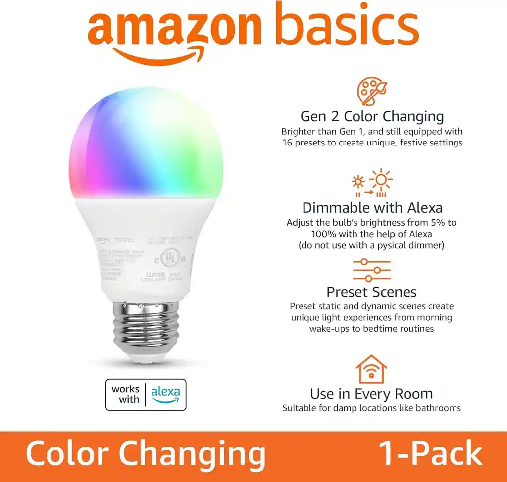 Amazon Bombillo Inteligente Basics Luz Led Multicolor Alexa