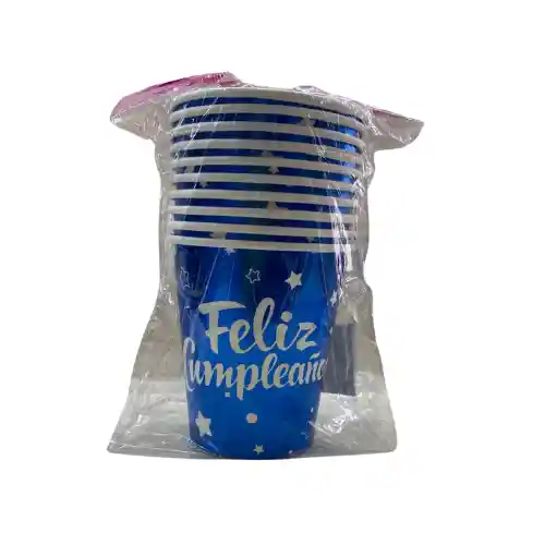 Vaso Metalizado Con Mensaje Feliz Cumpleaños Azul X10unid