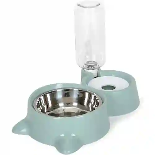 Plato Doble Acero Inoxidable Para Gato Con Dispensador De Agua