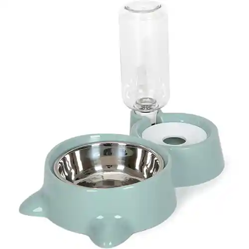 Plato Doble Acero Inoxidable Para Gato Con Dispensador De Agua