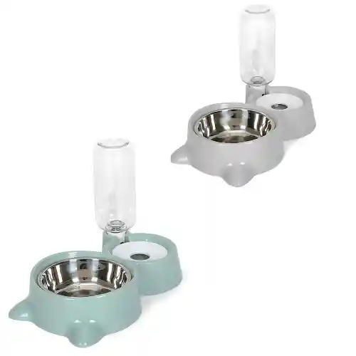 Plato Doble Acero Inoxidable Para Gato Con Dispensador De Agua