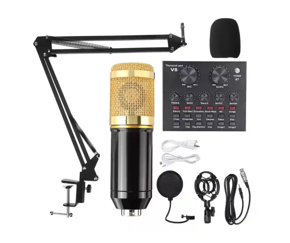 Kit Completo: Micrófono Condensador Y Tarjeta Sonido V8.