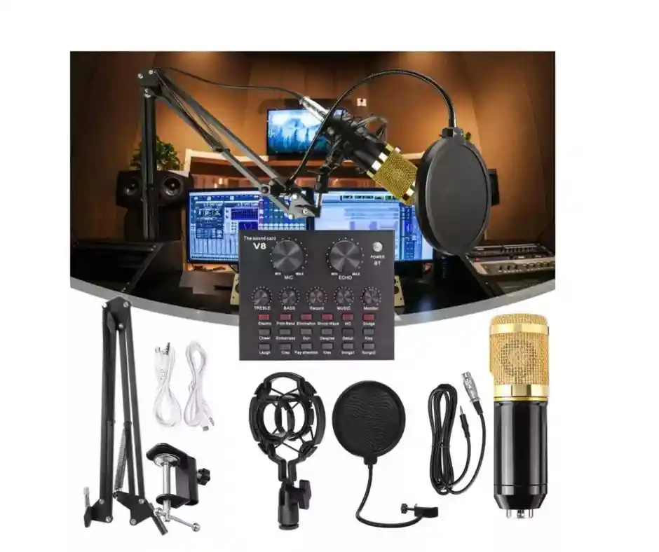 Kit Completo: Micrófono Condensador Y Tarjeta Sonido V8.