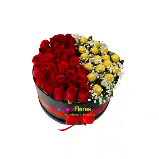Caja Circular De Rosas Y Chocolates