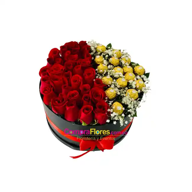 Caja Circular De Rosas Y Chocolates