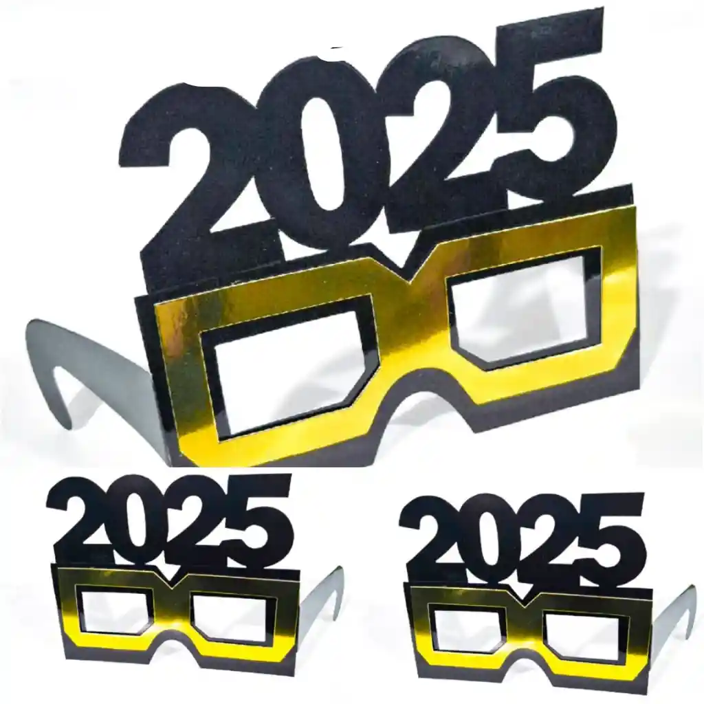 Gafas Feliz Navidad Dorado Con Negro Fin Año Nuevo 2025 X6 Unidades Happy New Year Cartón