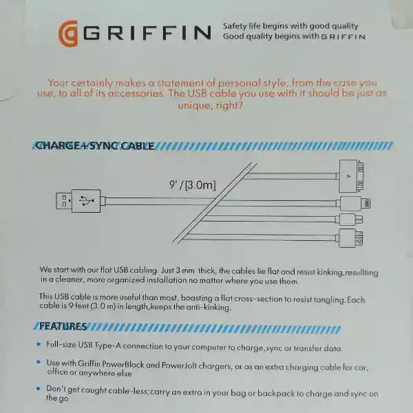 Cable Carga Rapida Compatible Con Iphone Lightning Blanco Griffin 3m