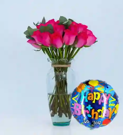 Bouquet 24 Rosas +globo+jarron