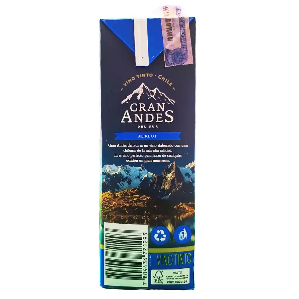 Gran Andes Del Sur Vino Tinto Merlot Chileno En Tetrapack 1l (1000 Ml)