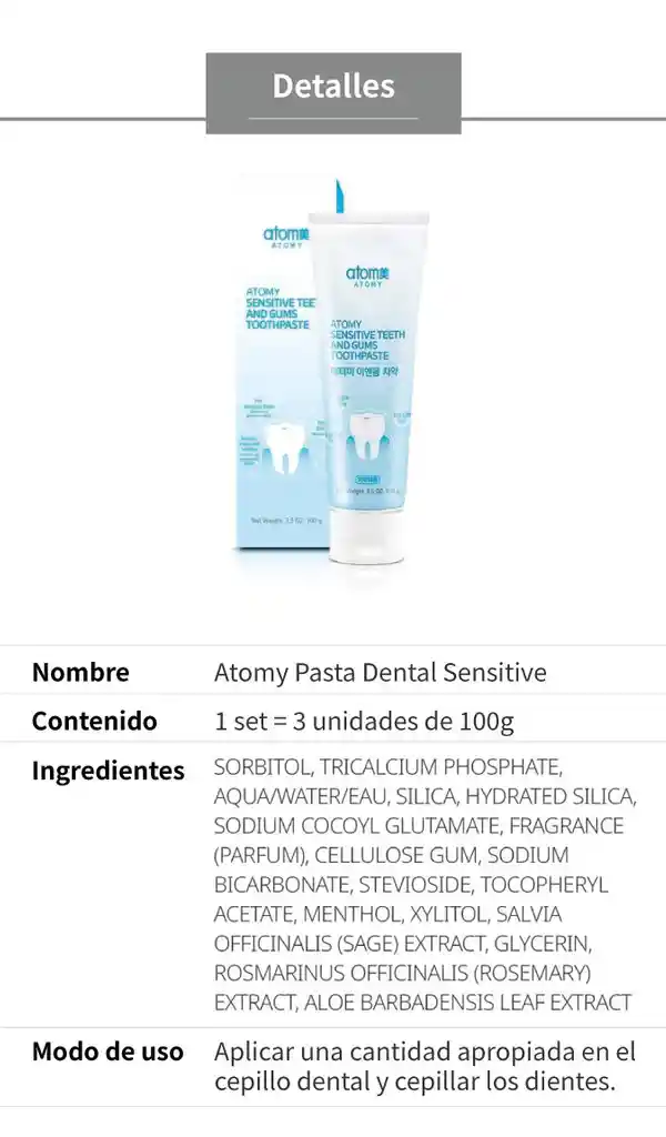 Atomy Pasta Dental Sensitive Sin Fluor