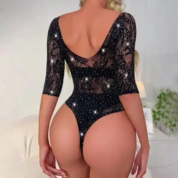 Lencería De Malla Brillante Para Mujer, Lencería Sexy De Malla Con Diamantes De Imitación