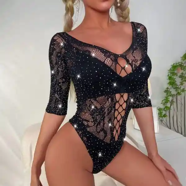 Lencería De Malla Brillante Para Mujer, Lencería Sexy De Malla Con Diamantes De Imitación