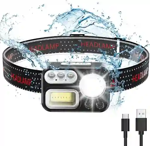 Linterna Frontal Recargable,1200 Mah, Sensor De Movimiento, 5 Fuentes De Luz, Pesca, Camping Deporte