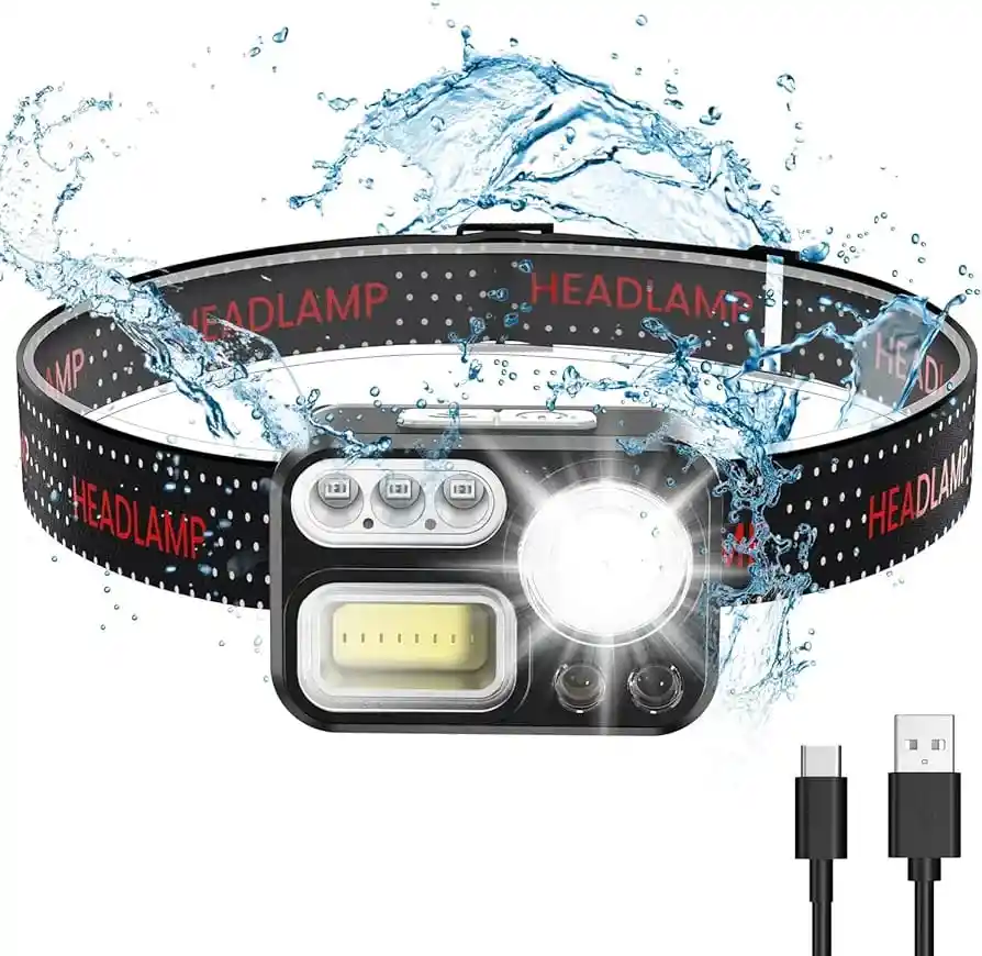 Linterna Frontal Recargable,1200 Mah, Sensor De Movimiento, 5 Fuentes De Luz, Pesca, Camping Deporte