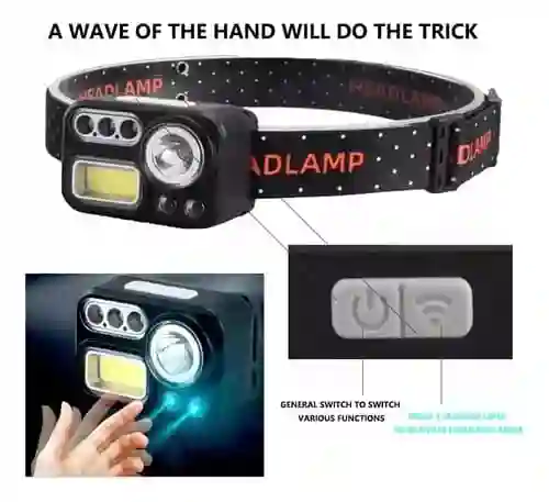 Linterna Frontal Recargable,1200 Mah, Sensor De Movimiento, 5 Fuentes De Luz, Pesca, Camping Deporte