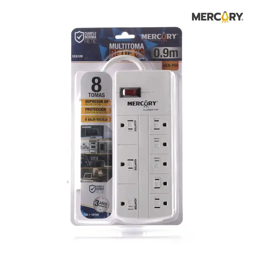 Multitoma Extensión Corta Picos 8 Salidas 0.9metros Largo Mercury