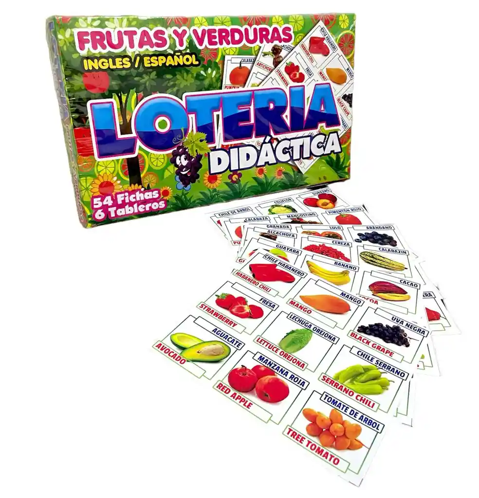 Loteria Frutas Vegetales Juego Español Inglés Bilingüe Niños