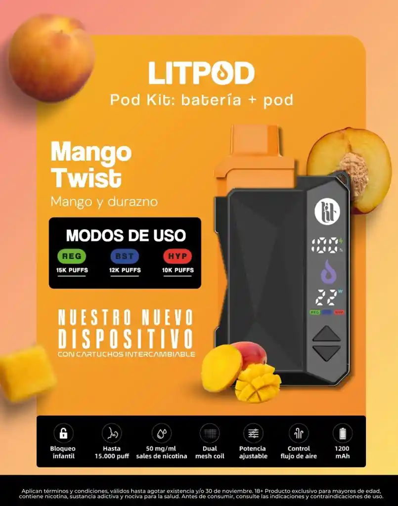 Vape Lit Mango Twist 15.000 Puffs Kit Bateria Y Pod