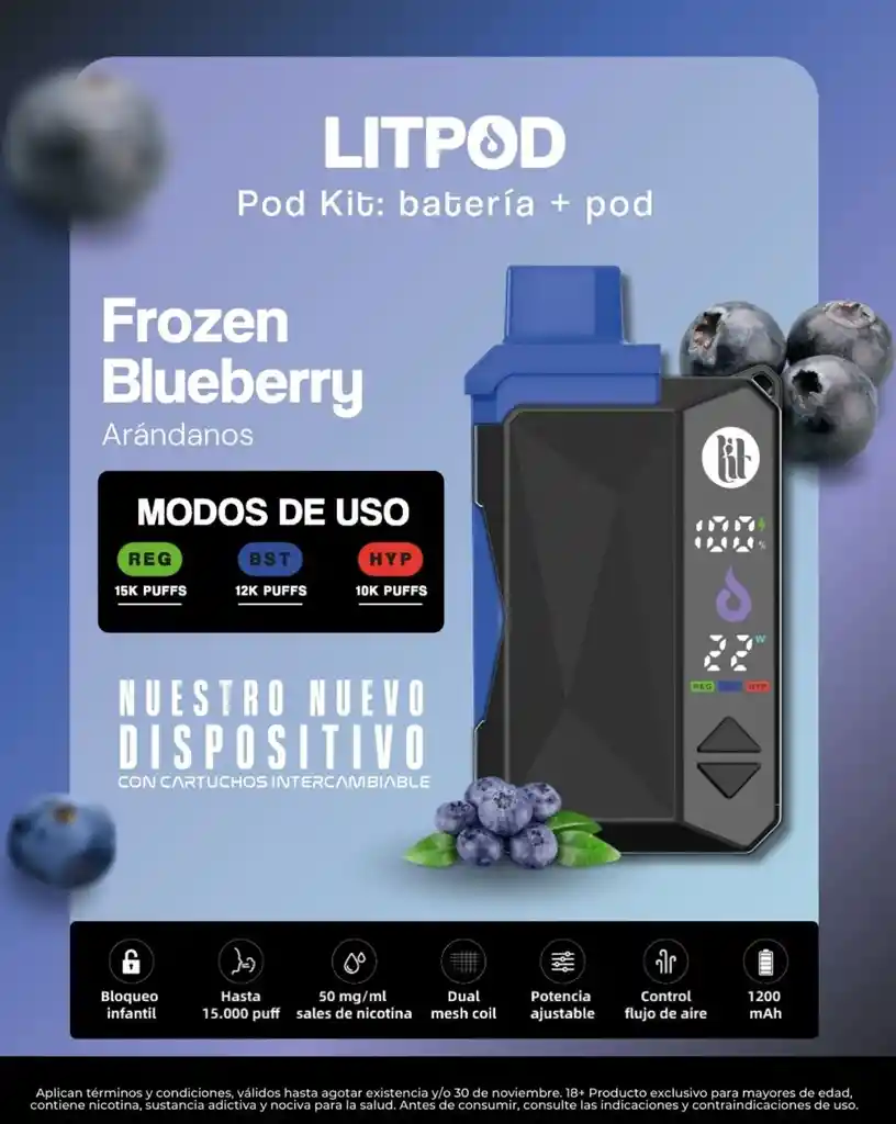 Vape Lit Frozen Blueberry 15.000 Puffs Kit Bateria Y Pod