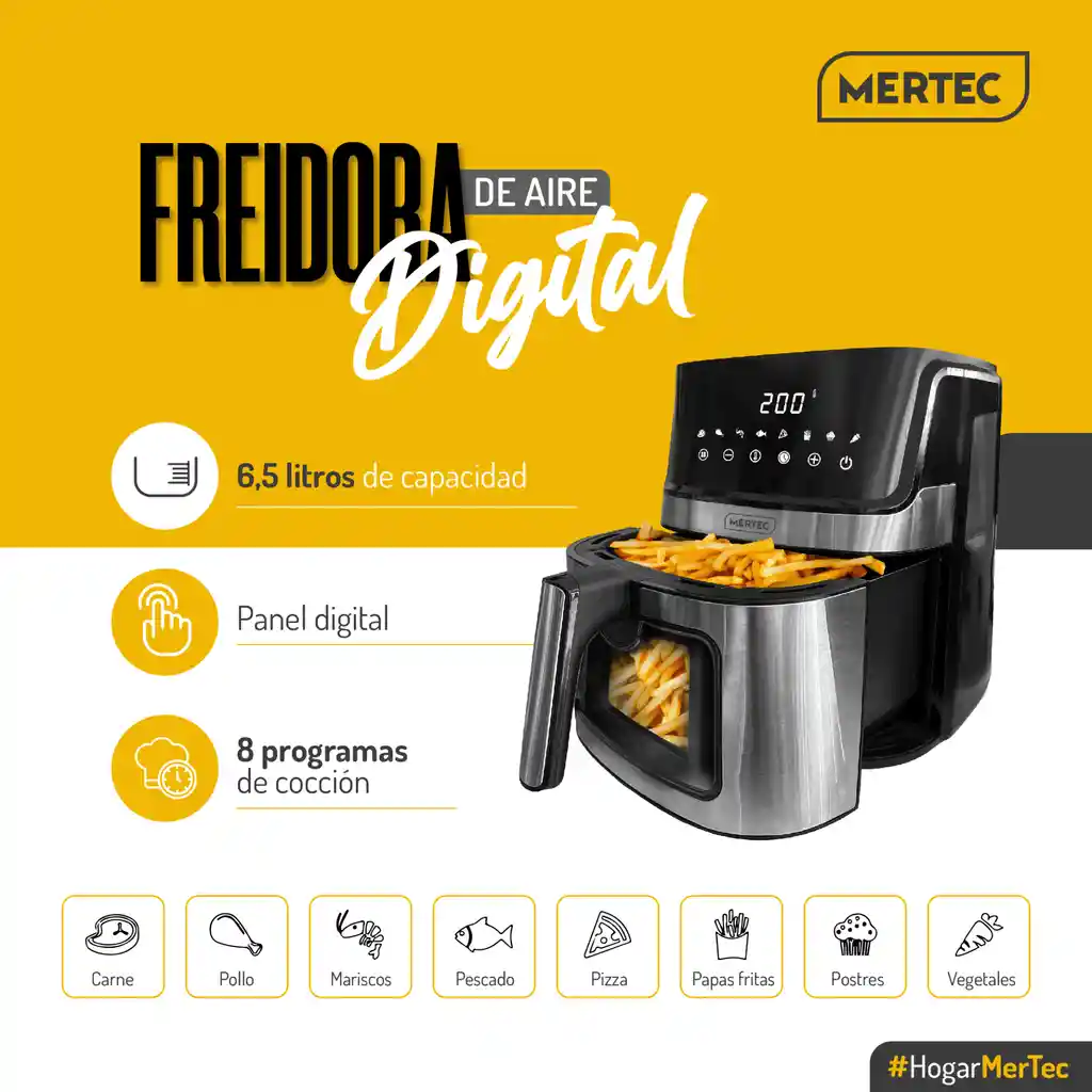 Freidora De Aire Digital 6.5 Litros Mertec 7 Funciones - Acero Inoxidable