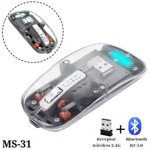 Mouse Inalambrico 2 En 1 Bluetooth Y Receptor Recargable Transparente Ms-31