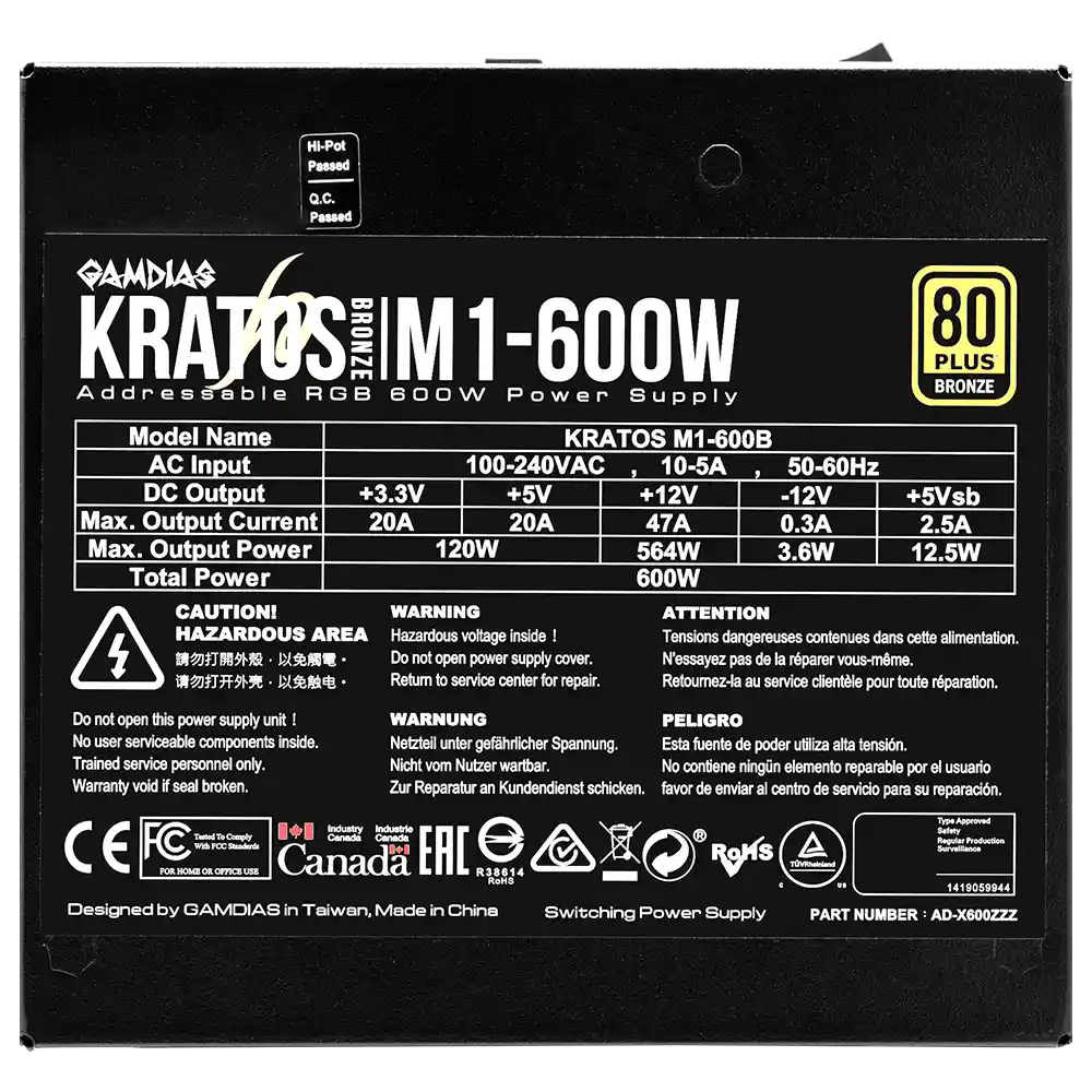 Fuente De Poder Gamdias Kratos M1 600w 80 Plus Bronze Rgb