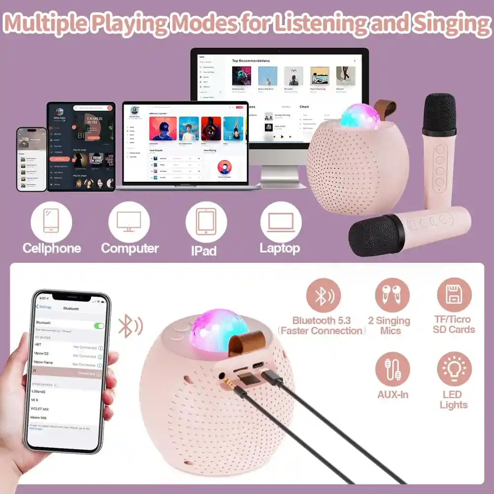 Set De Karaoke Portátil Para Niños Bluetooth Rgb 2mic K12