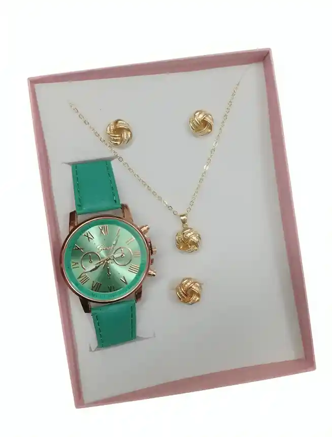 Kit Reloj Para Mujer Mariposa Verde + Collar Aretes Senc