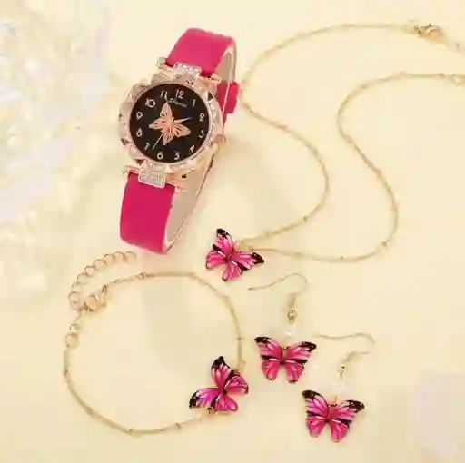 Kit Reloj Mariposa Para Mujer + Juego De Collar Aretes Pulsera