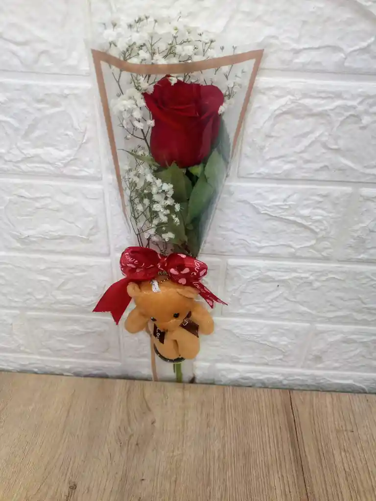 Solitario De Rosa Natural Con Peluche En Oso Para Enamorar