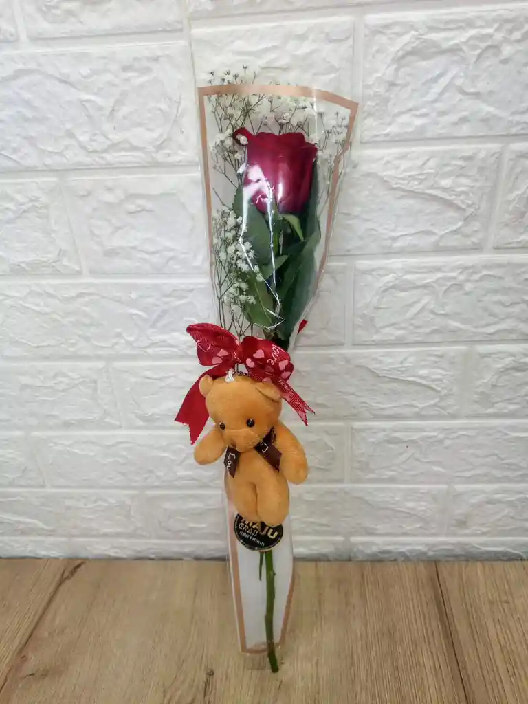 Solitario De Rosa Natural Con Peluche En Oso Para Enamorar