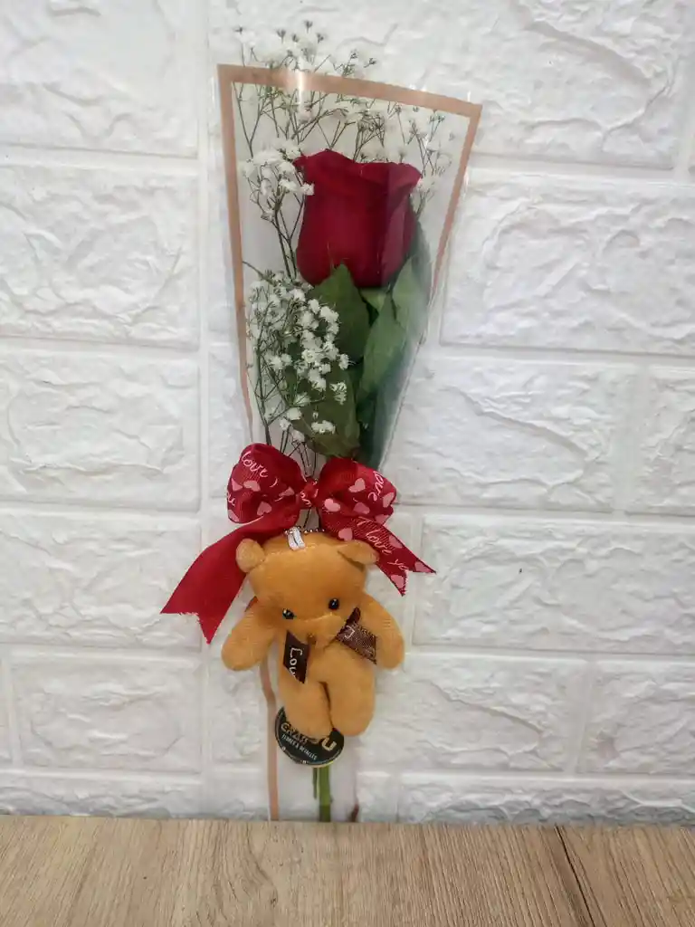 Solitario De Rosa Natural Con Peluche En Oso Para Enamorar