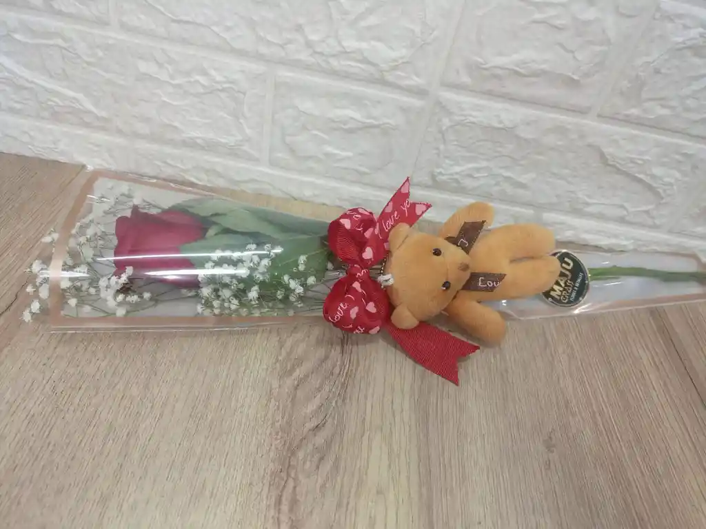 Solitario De Rosa Natural Con Peluche En Oso Para Enamorar