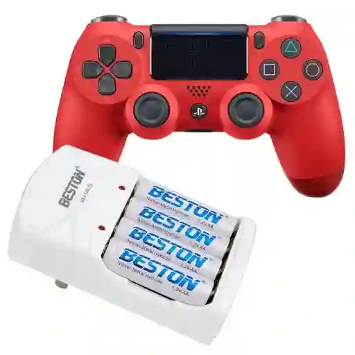 Combo Control Inalámbrico Ps4 + Cargador De 4 Pilas Beston Rojo