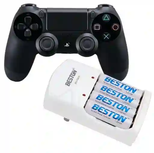 Combo Control Inalámbrico Ps4 + Cargador De 4 Pilas Beston Negro