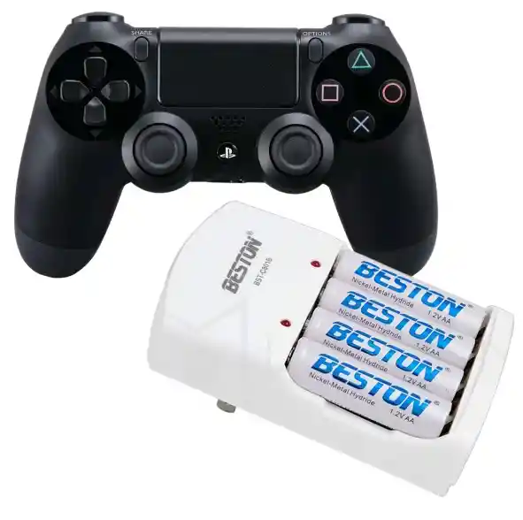 Combo Control Inalámbrico Ps4 + Cargador De 4 Pilas Beston Negro
