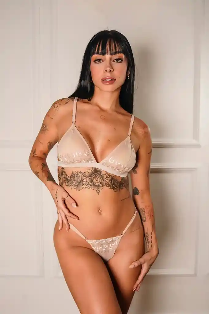 Conjunto Lencería Beige Bordado Talla Única - Lenceria Sexy
