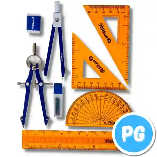 Caja Matematica Pelikan X8 Piezas (escuadra 45 Grados, Escuadra 60 Grados, Compas Precision, Compas Metalico, Regla Plastica 15 Centimetros, Transportador 180 Grados, Minas Para Compas Y 1 Borrador)