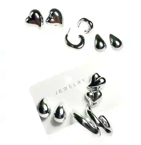 Set De Trio De Topo Corazon, Gota Lisa Y Candonga Abierta Plateada