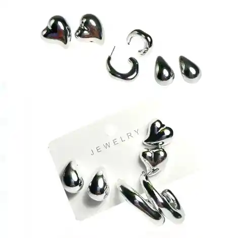 Set De Trio De Topo Corazon, Gota Lisa Y Candonga Abierta Plateada