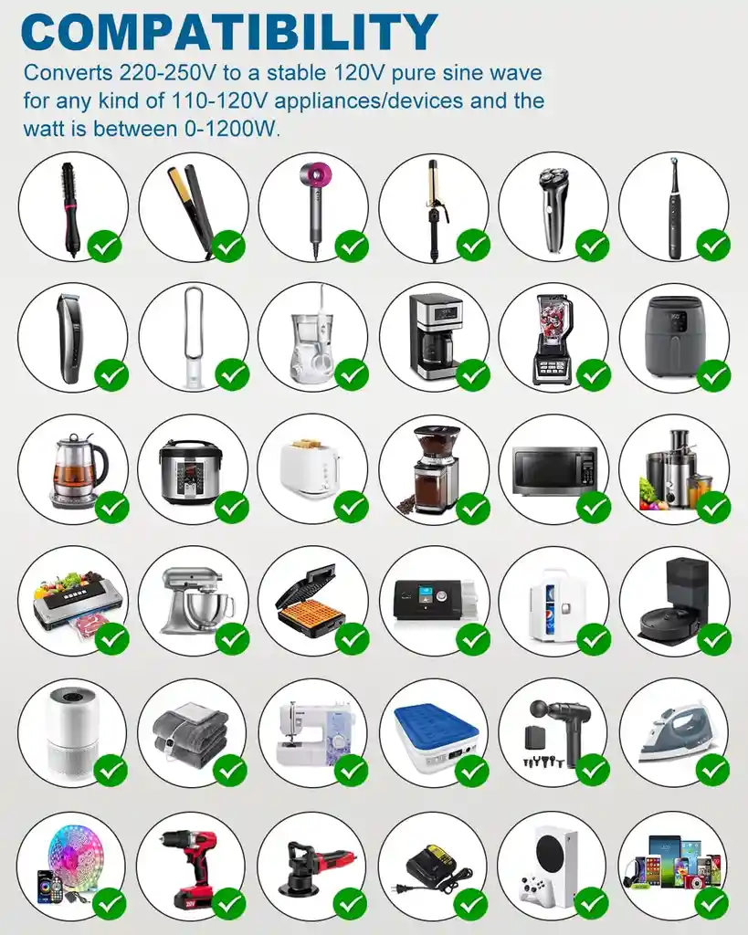 Convertidor De Voltaje De 1200 Vatios De 220 V A 110 V Para Cualquier Electrodoméstico Americano Universal Varios Cabezales