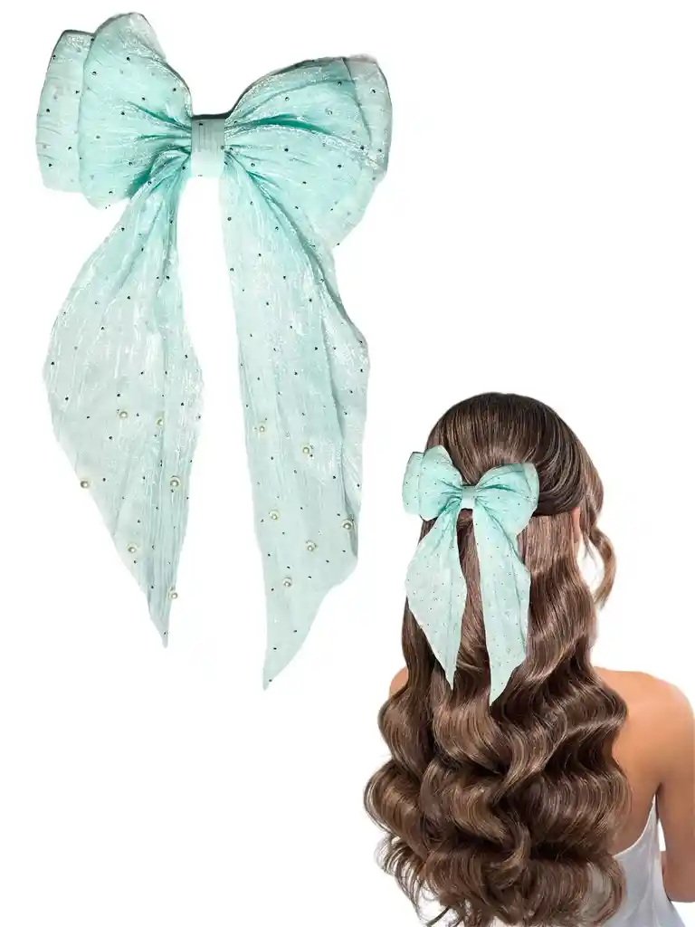 Maxilazo Moño Corbatin Coquette Con Brillos Y Perlas Verde