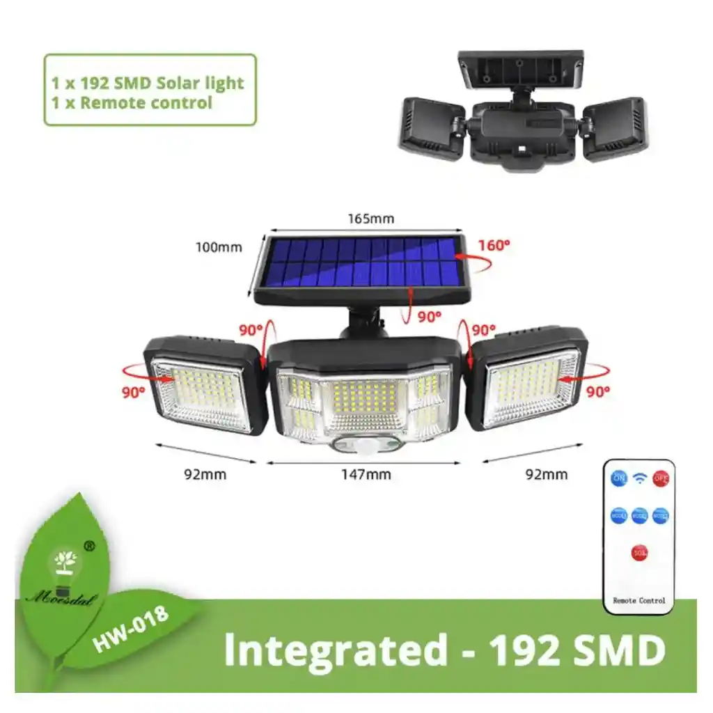Lámpara Led Solar 192 Led 3 Cabezas Jardín Patio Exterior