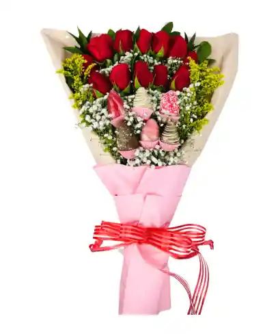 Arreglo Floral Con Rosas Y Fresas