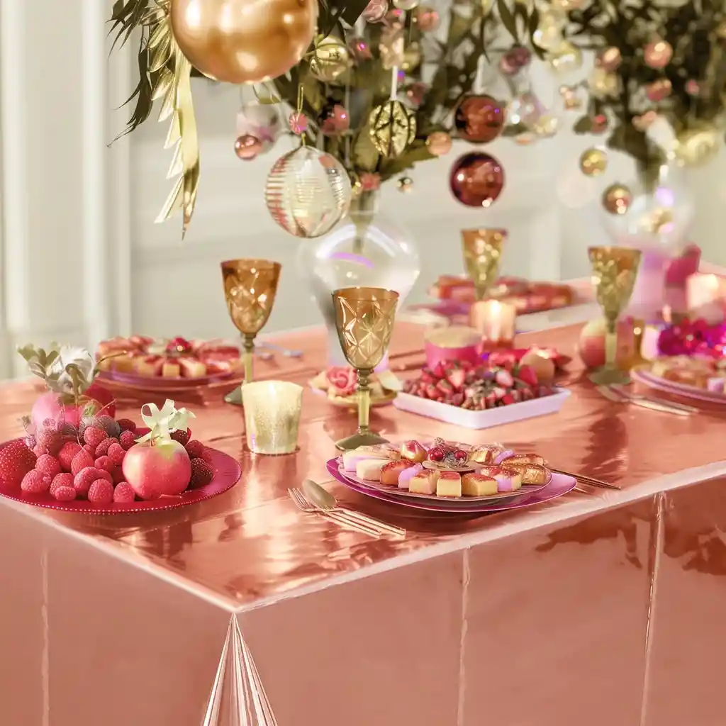 Kit Decoración De Fiesta Oro Rosa Mantel Metal + 2 Cortinas