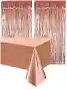 Kit Decoración De Fiesta Oro Rosa Mantel Metal + 2 Cortinas