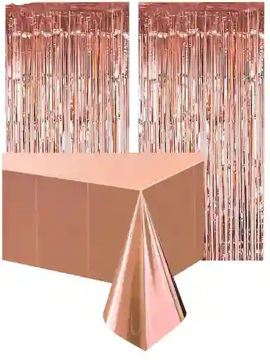 Kit Decoración De Fiesta Oro Rosa Mantel Metal + 2 Cortinas