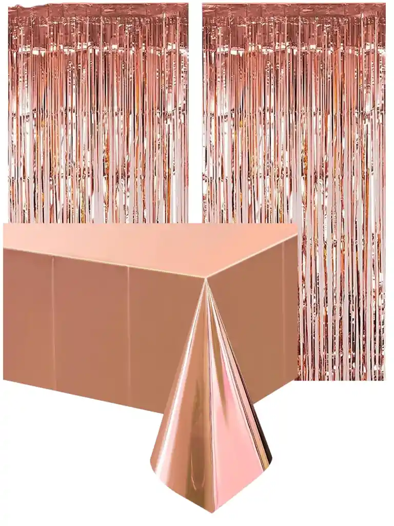 Kit Decoración De Fiesta Oro Rosa Mantel Metal + 2 Cortinas