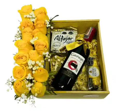 Regalo Con Flores Amarillas, Vino Y Chocolates